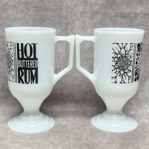 2 Vintage Milk Glass "Hot Buttered Rum" Pedestal Mugs With Black Floral Design - Picture 4 of 9